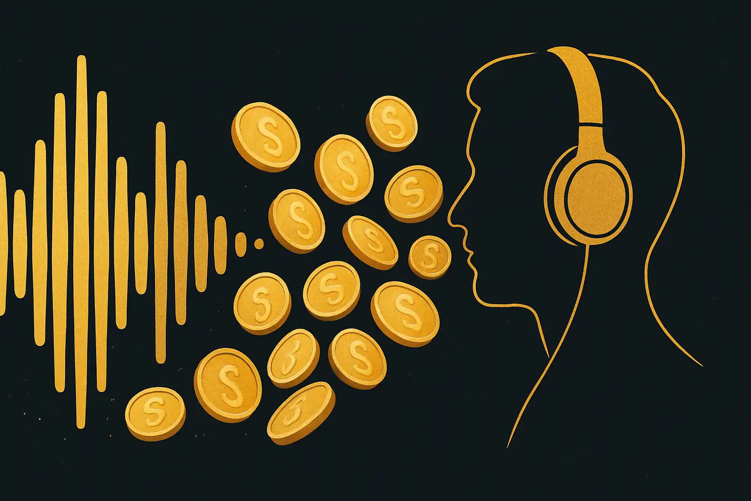 Stylized graphic of soundwaves transforming into gold coins, symbolizing rewards from Pocket FM promo codes.