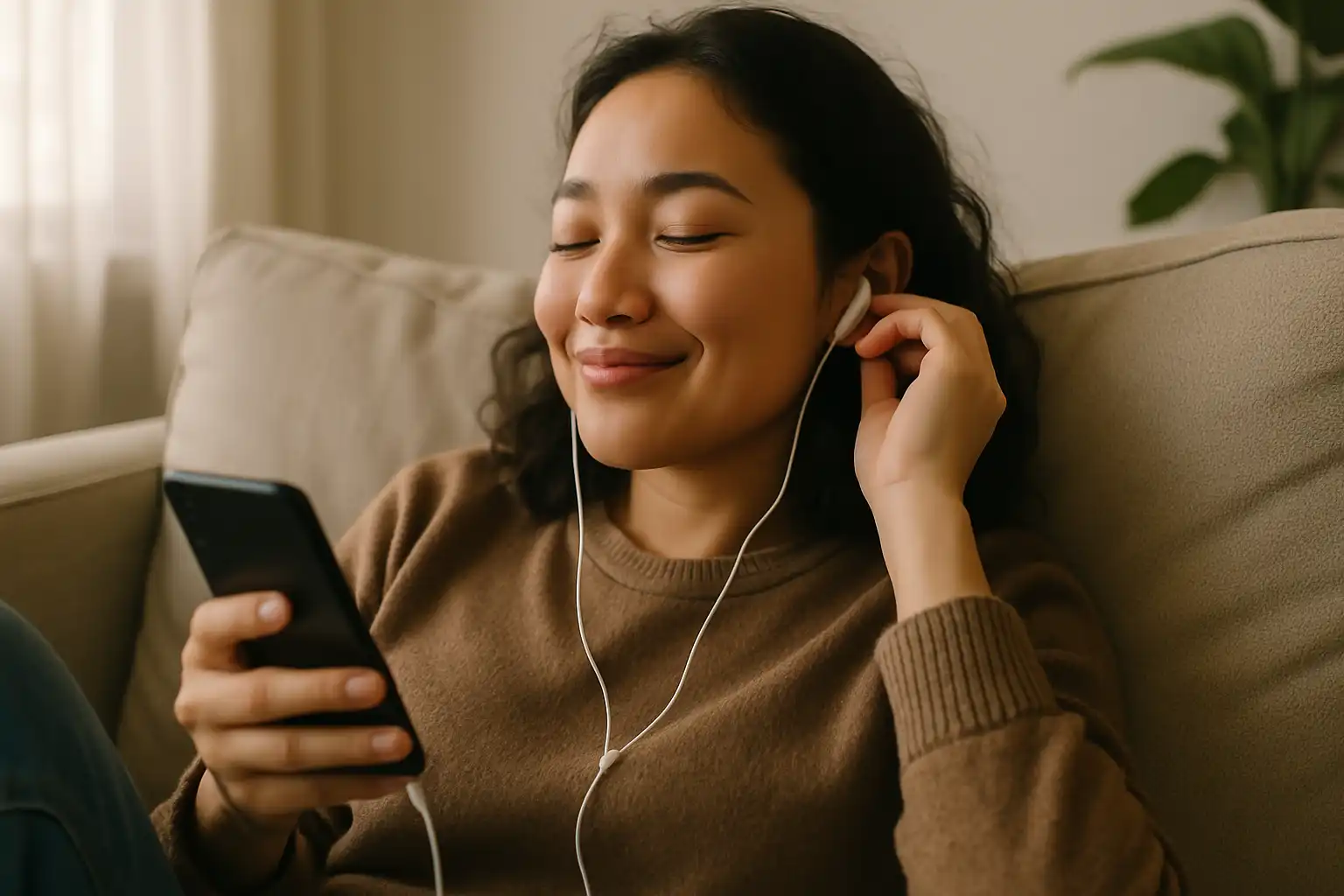 Person relaxing on a sofa, enjoying listening to Pocket FM audiobooks using earbuds and a smartphone.
